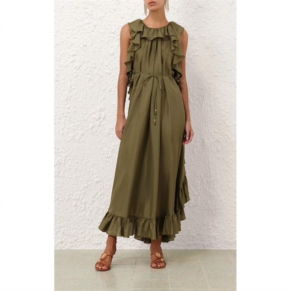 Zimmermann Cascadian Ruffle Midi Kjole, Olive 